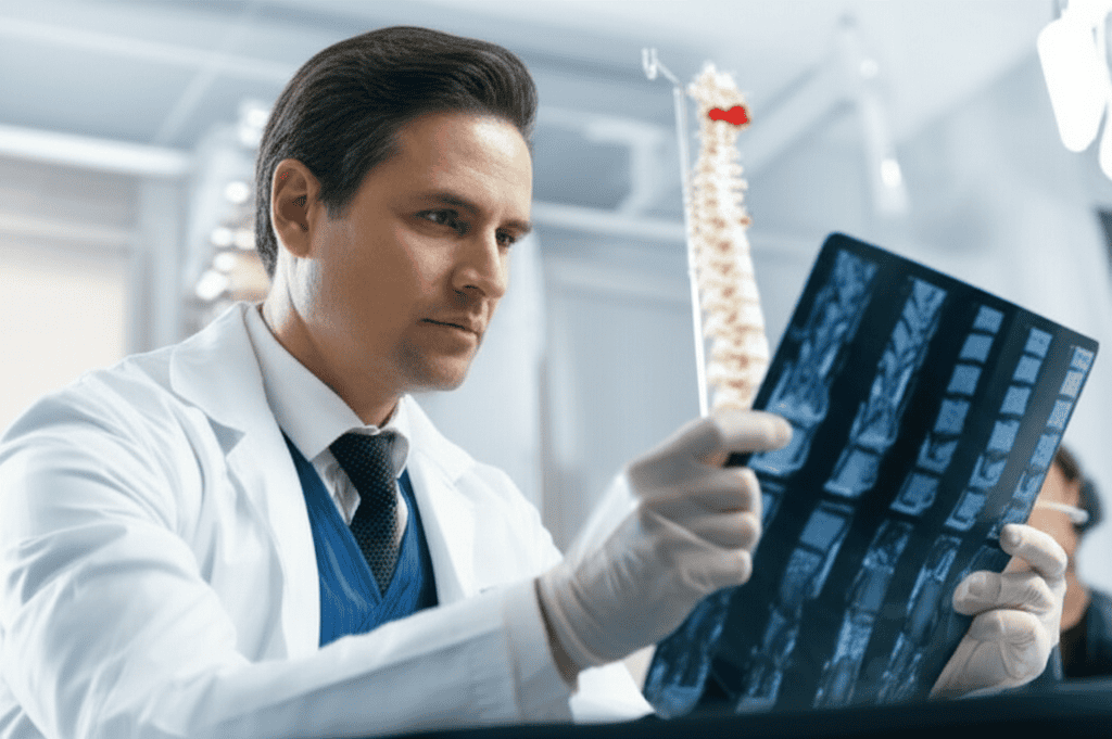 Spine surgeon reviewing MRI scan for degenerative disc disease treatment at Legent Spine Dallas-Fort Worth